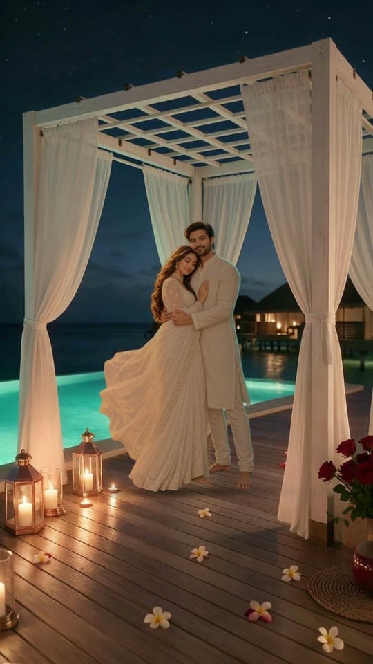 Private Pool Villa, 3D save the date video: floating candles, a glass floor and a glowing lagoon