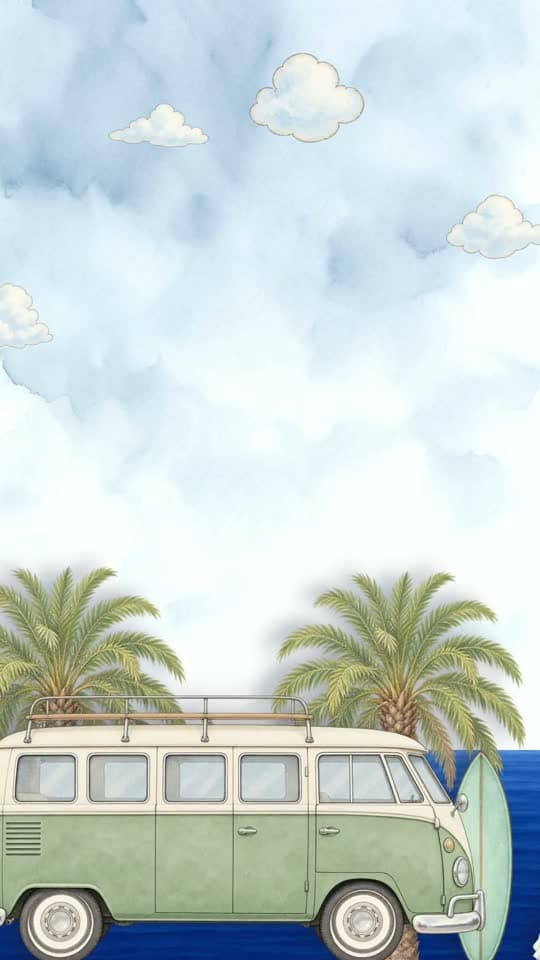 California Dreamin', animated save the date video: a camper van drives off to reveal the two of you by the sea at sunset