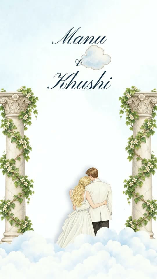 Mythic Moments, animated save the date video: the two of you among ivy columns above the clouds, with cupids