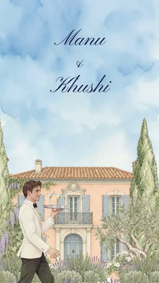 Moonlight in Provence, animated save the date video: a card opens, a villa rises among the cypresses and the night ends in fireworks