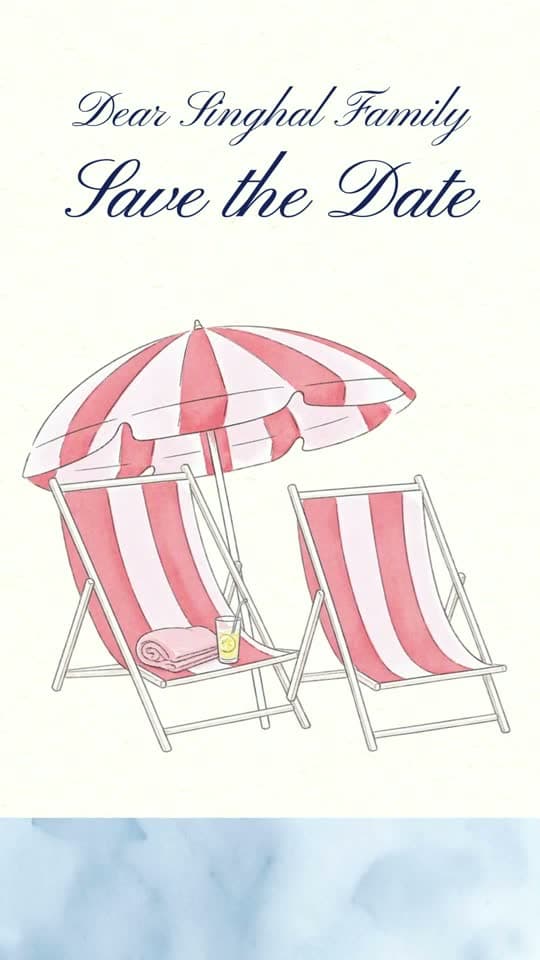 Seaside Splendour, animated save the date video: a striped beach umbrella, then a cliffside harbour from day into night