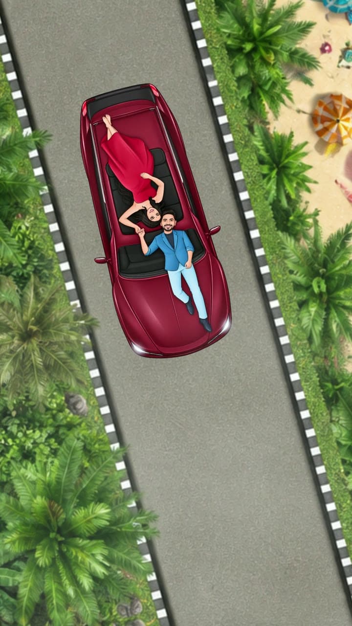 Coastal Drive, caricature save the date video: the two of you in a red convertible down a palm-lined coast road