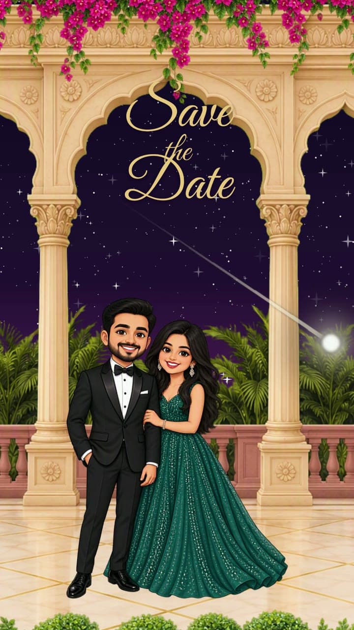 Moonlit Colonnade, caricature save the date video: a shooting star, a gold crest and a push through the arch to the palace