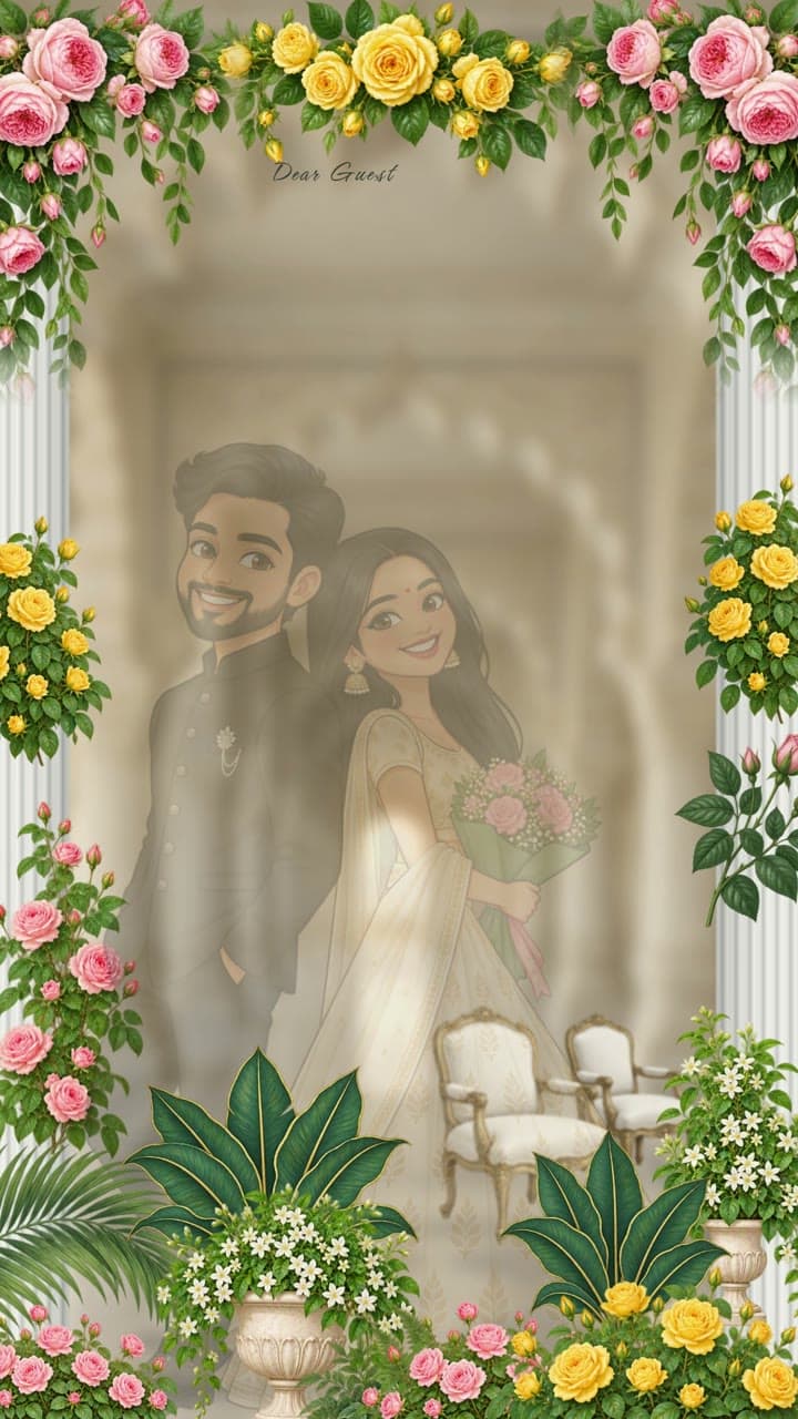Rose Corridor, caricature save the date video: roses, your monogram, your hashtag and Save the Date