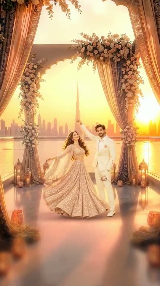 Dubai Luxe, a 3D wedding invitation video: desert dunes, the skyline at dusk and a scene for every function.