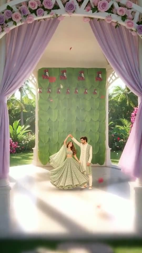 Garden Pavilion, a 3D wedding invitation video: lilac drapes, a floral arch and every function in the garden.