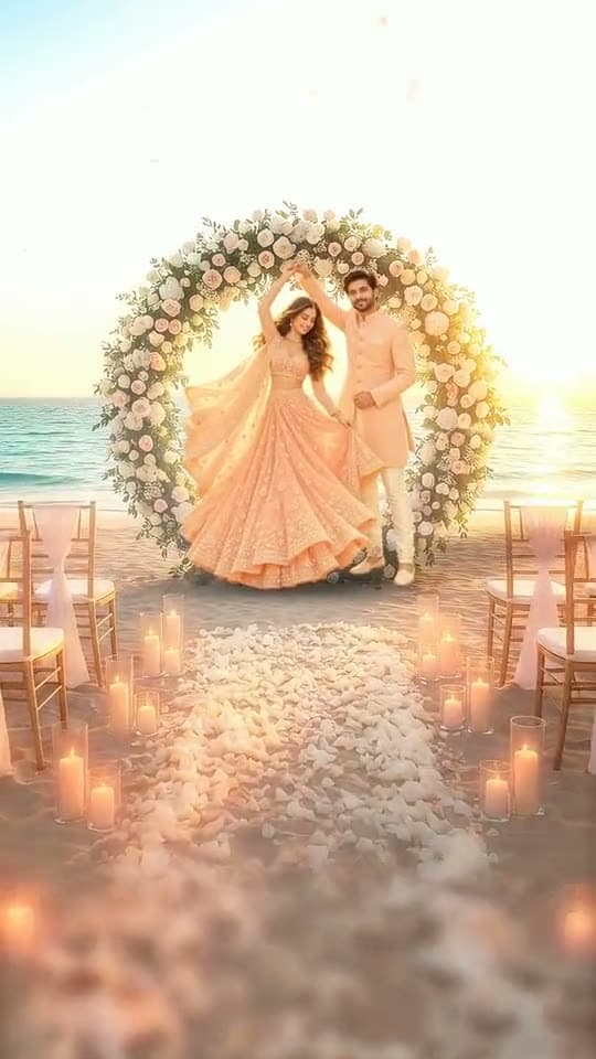 Goa Beach, a 3D wedding invitation video: marigolds, lanterns and every function on the beach at sunset.