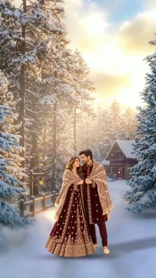 Snow Mountain, a 3D wedding invitation video: frosted windows, a bonfire and the northern lights.