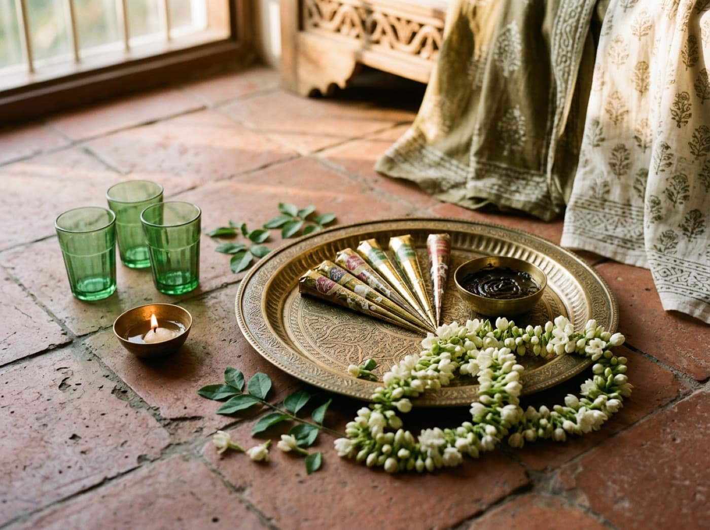 Mehendi cones on a brass tray with a jasmine garland and a diya