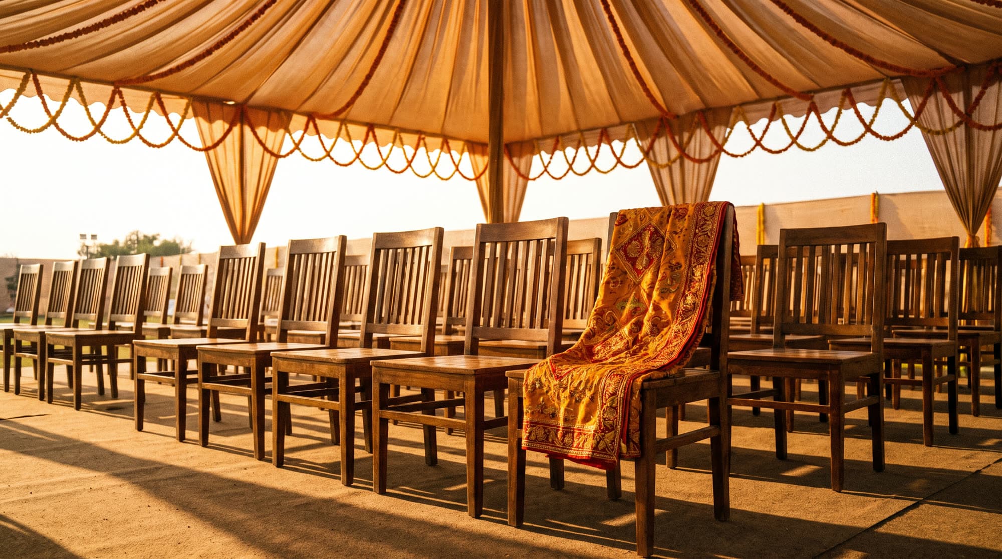 Chairs set out under a wedding canopy in the evening sun