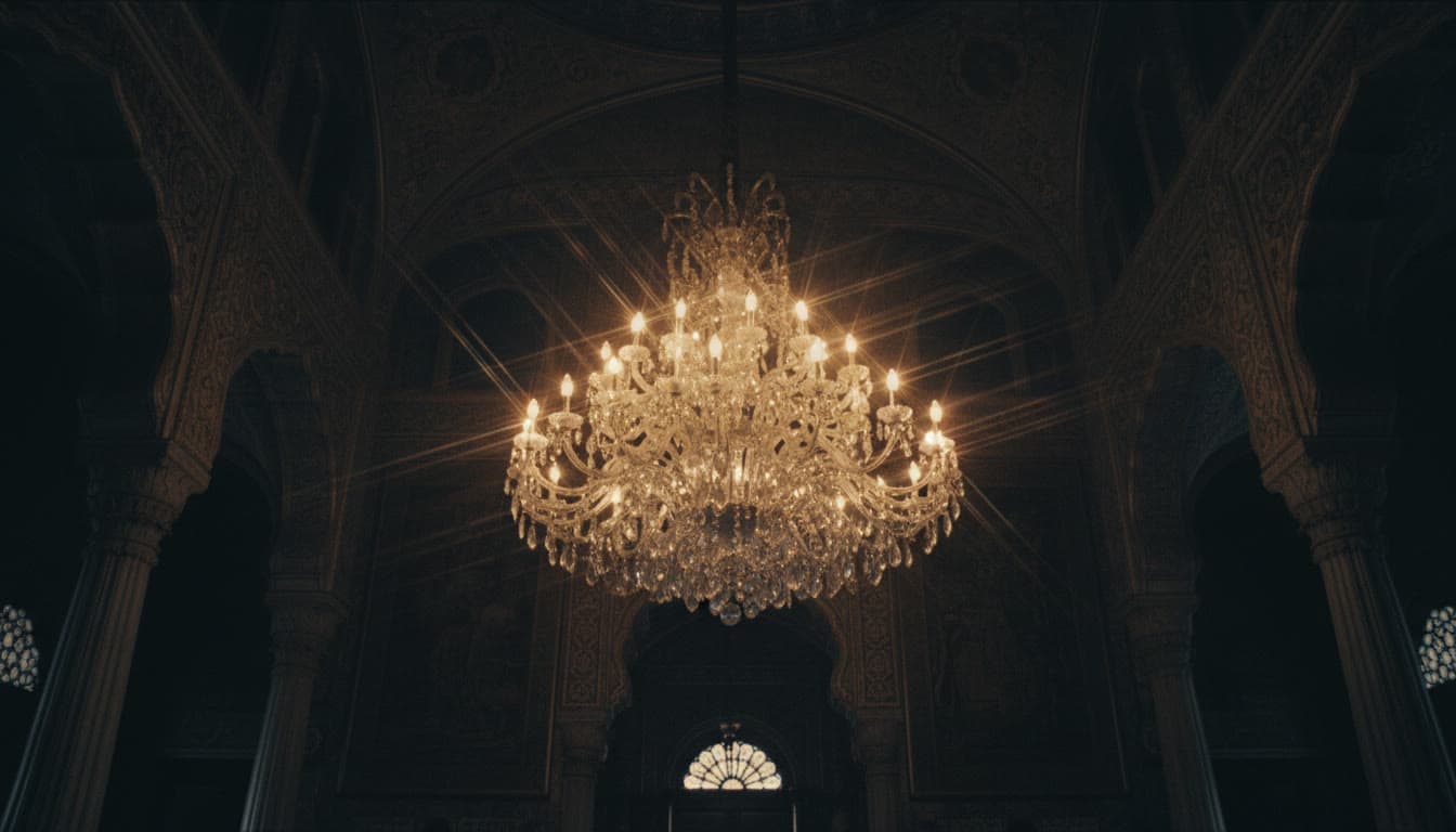 A palace chandelier lit at night